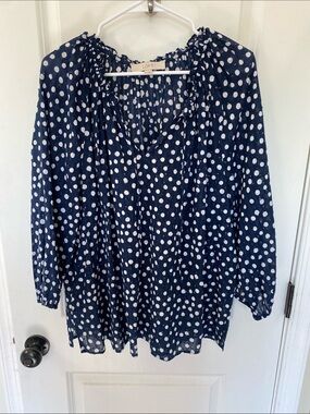 LOFT Navy Blue White Polka Dot Peasant Top